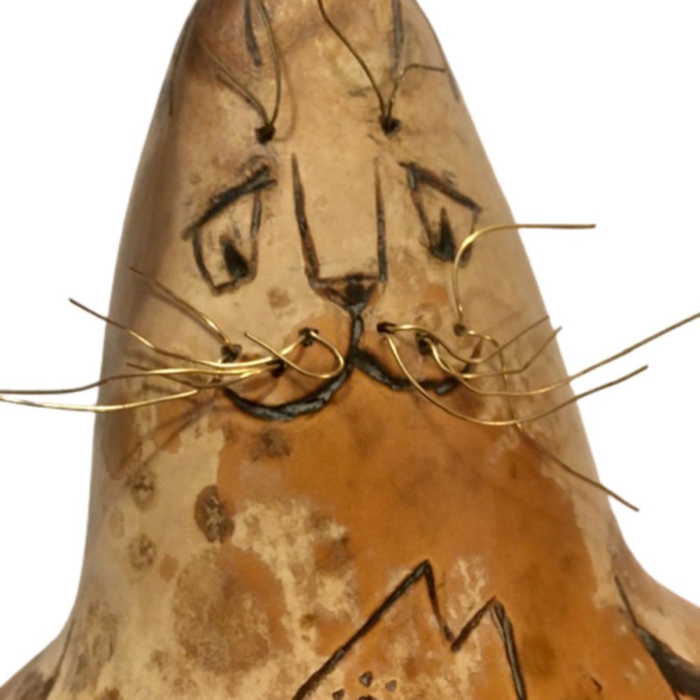 Folk Art Vintage Gourd Cat Wood Burned Embellished